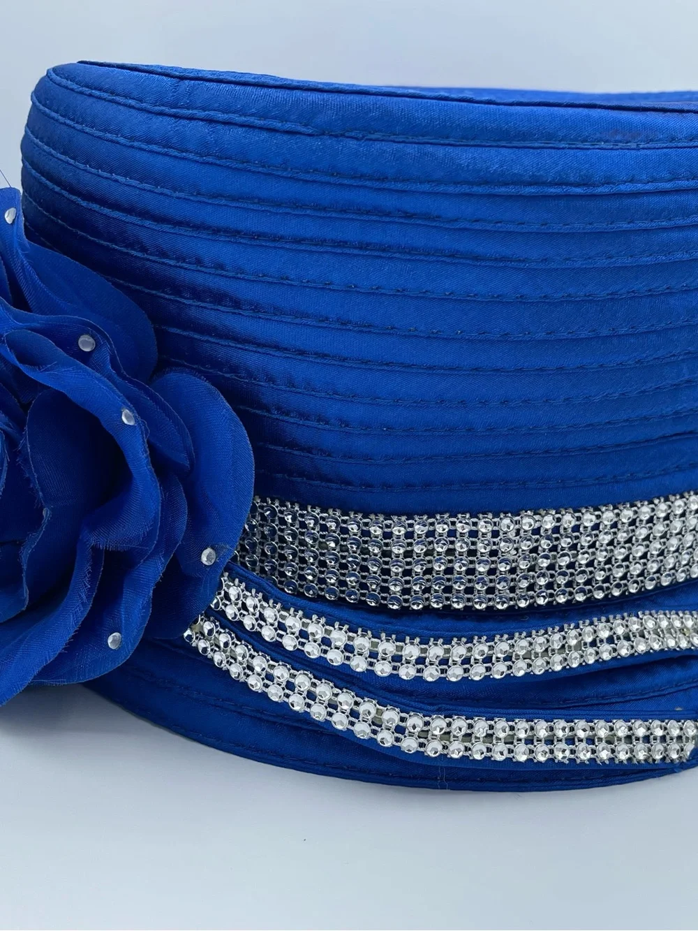 Elegant Royal Blue Floral Cocktail Hat with Crystal Accents